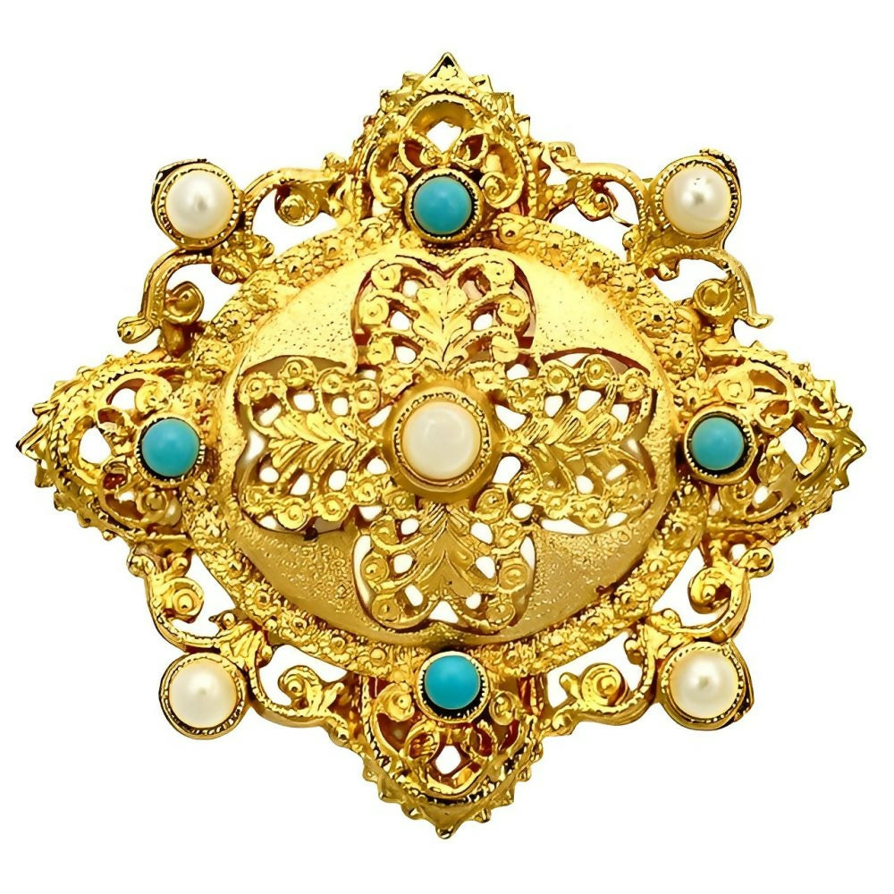 Gold Plated Oval Ornate Faux Turquoise and Pearl Brooch-1z