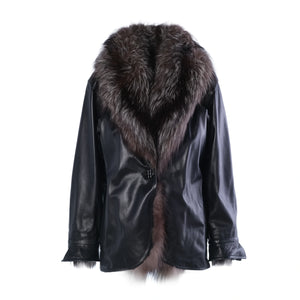 Yves Saint Laurent Black Leather Coat with Silver Fox Fur Trim -'90s