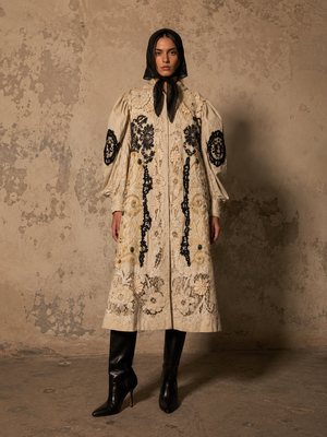 Veronica, reworked Edwardian cream and lace wool coat with gold thread beading