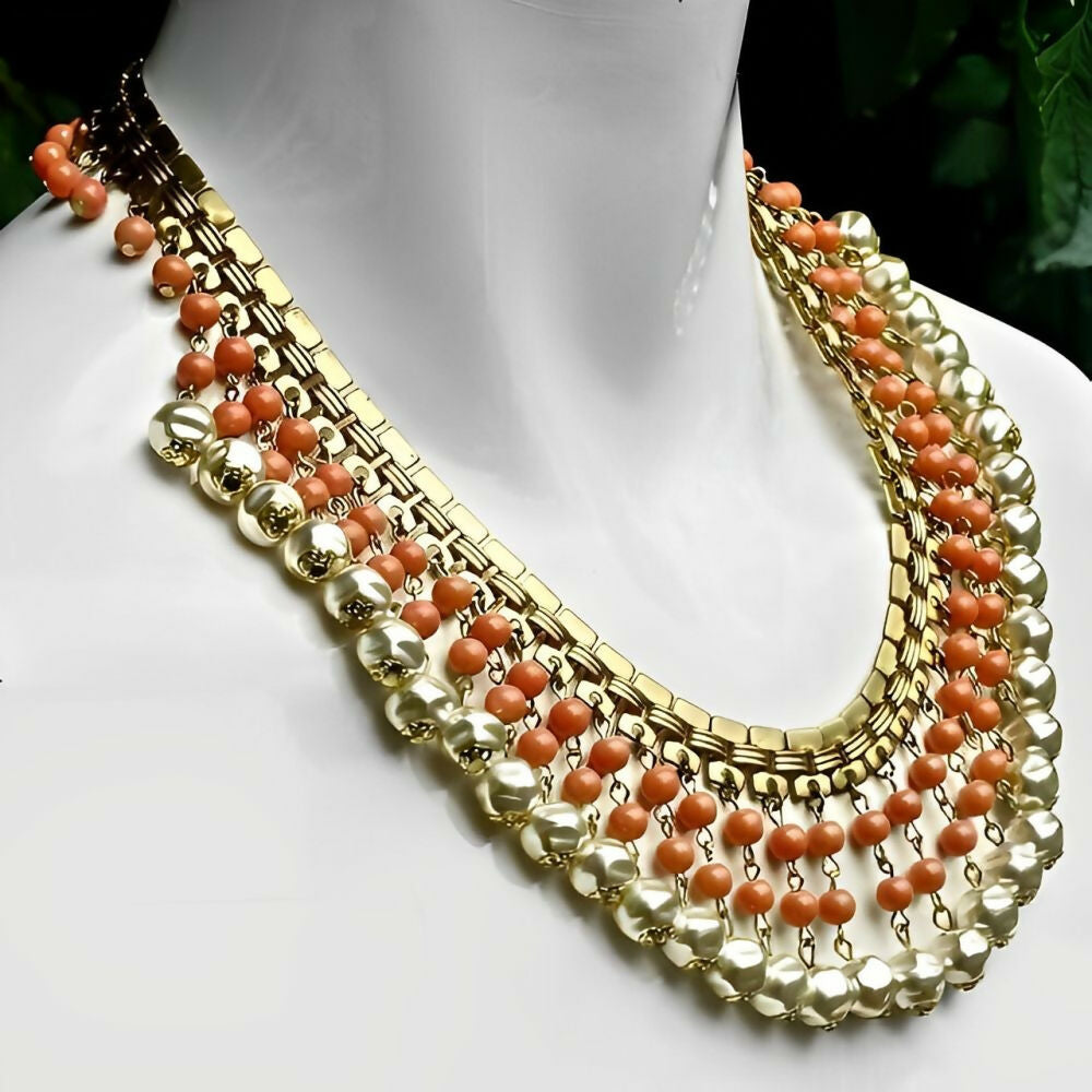 gold-plated-coral-glass-bead-faux-baroque-pearl-drop-collar-necklace-circa-1950s-5z