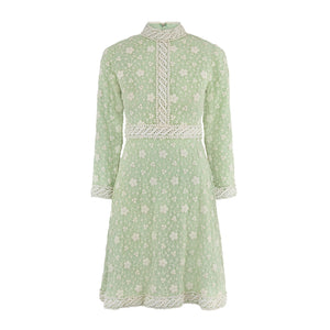 1960s Rulhina Pistachio Green Embroidered High-Neck Dress