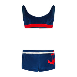 1970s Beach Party Navy Velour Sailor Two-Piece Bikini Set