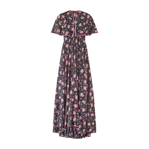 1970s Black Pink Floral Maxi-Dress with Caped Top and Pink Trim