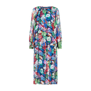 1975 Jean Muir Runway Documented Rainbow Floral Chiffon Layered Dress