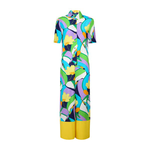 1980s Turquoise Blue Yellow Geometric Print Jumpsuit