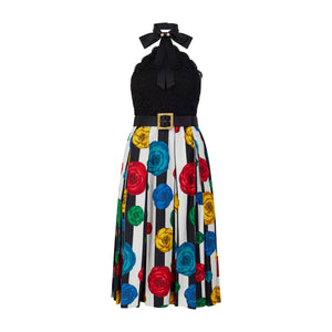 1988 Chanel Runway Documented Striped Camelia Print Midi Dress