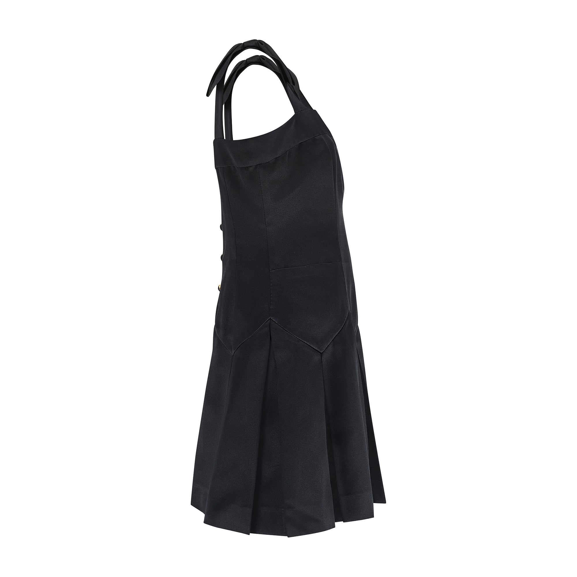 1990 Documented Chanel Black Satin Bow Shoulder Pleated Mini Dress –  Peekaboo Vintage Marketplace