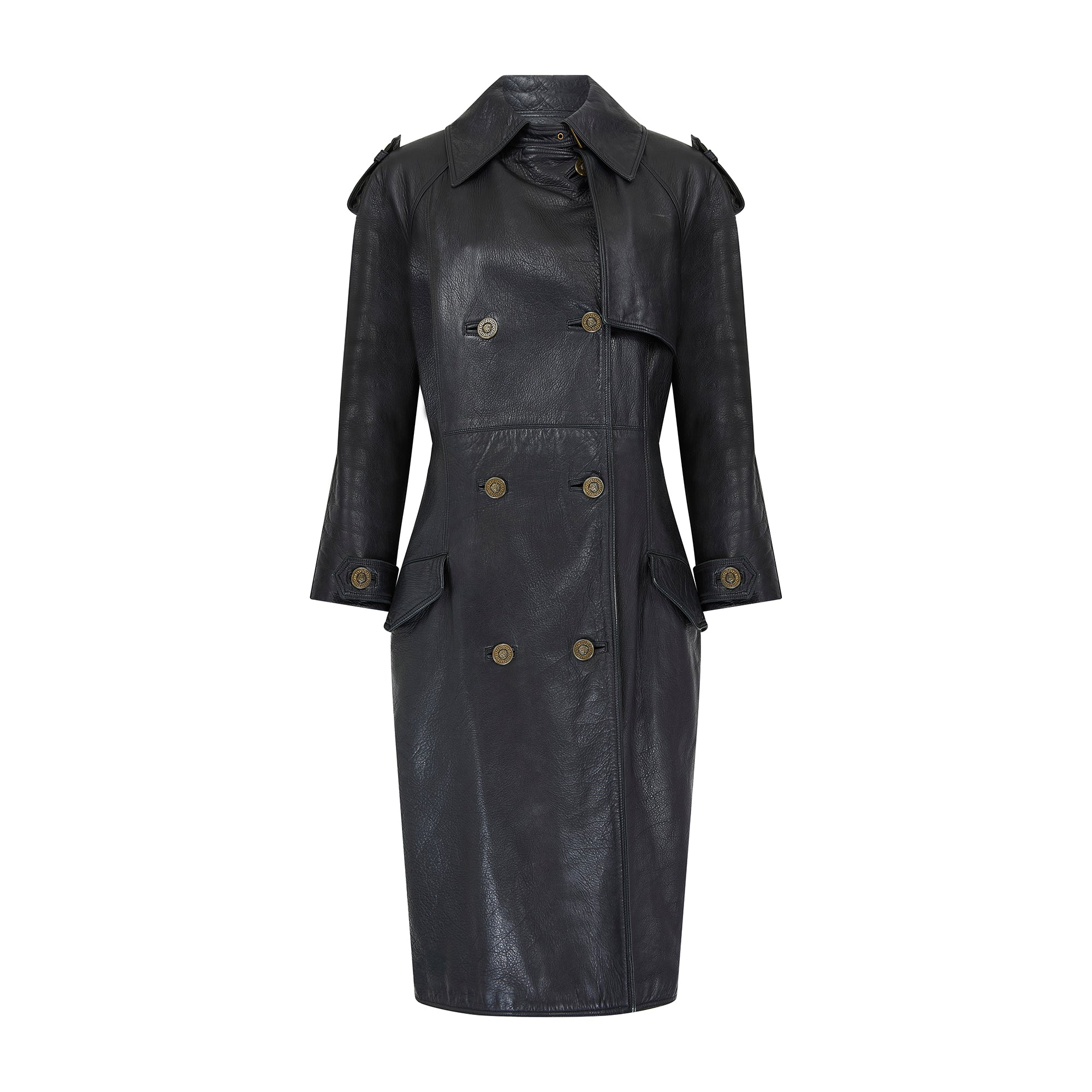 1990s Gianni Versace Black Leather Trench Coat with Medusa Buttons