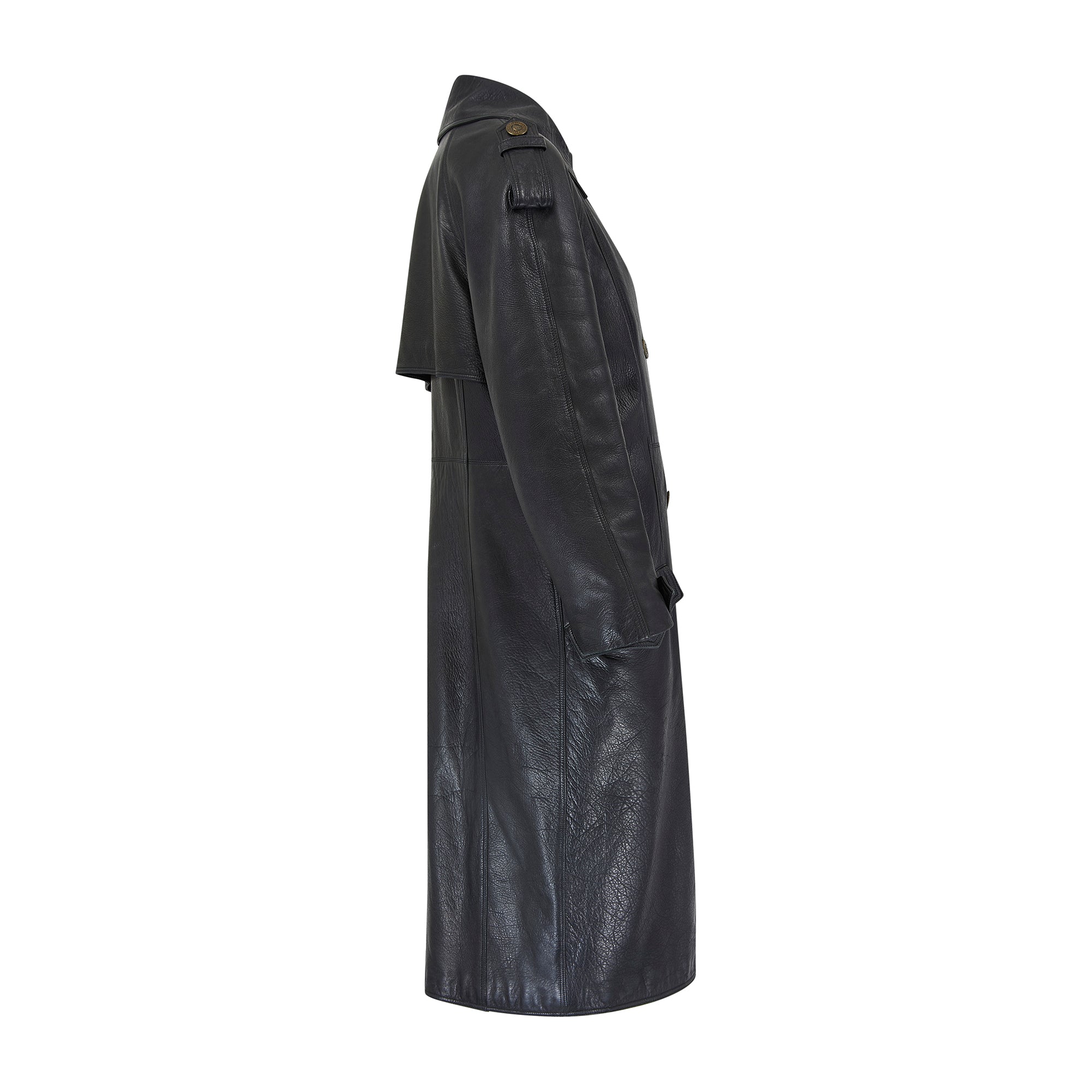 1990s Gianni Versace Black Leather Trench Coat with Medusa Buttons