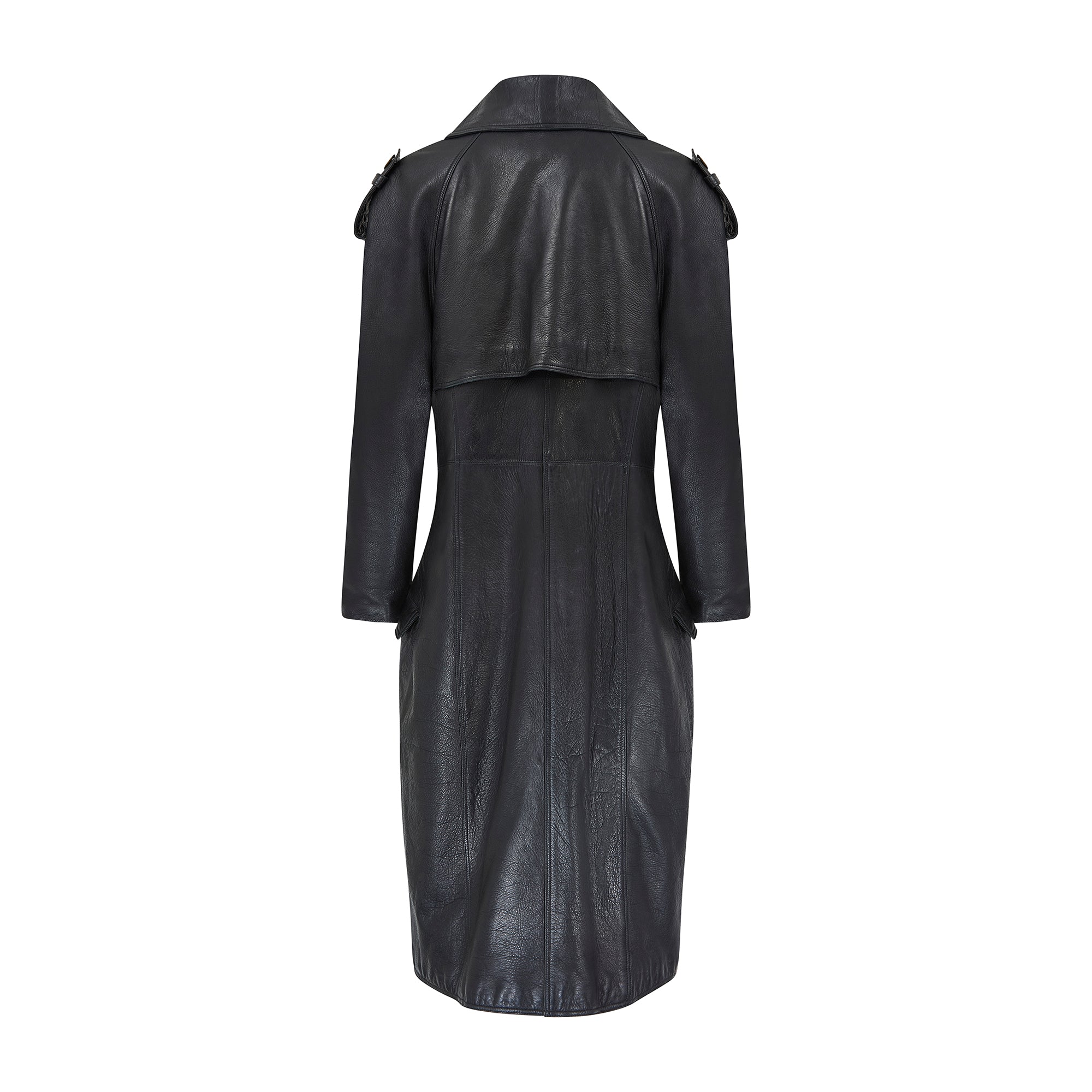 1990s Gianni Versace Black Leather Trench Coat with Medusa Buttons