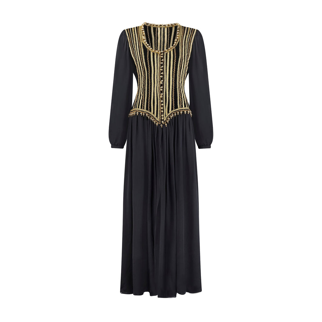 1990 Yves Saint Laurent Black Silk Dress with Gold Embellished Bodice Peekaboo Vintage Marketplace 1990 Yves Saint Laurent Black Silk Dress with Gold Embellished Bodice Peekaboo Vintage Marketplace