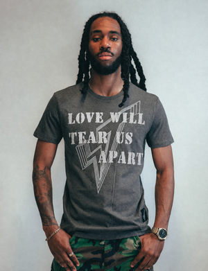 'Love Will Tear Us Apart' Silver Lined Logo T-Shirt in Grey