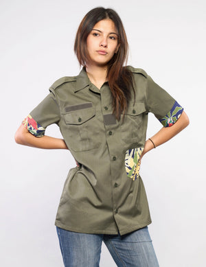 Tropical Patch Military Shirt in Olive Green