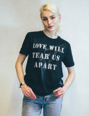 'Love Will Tear Us Apart' Lined Logo T-Shirt in Black