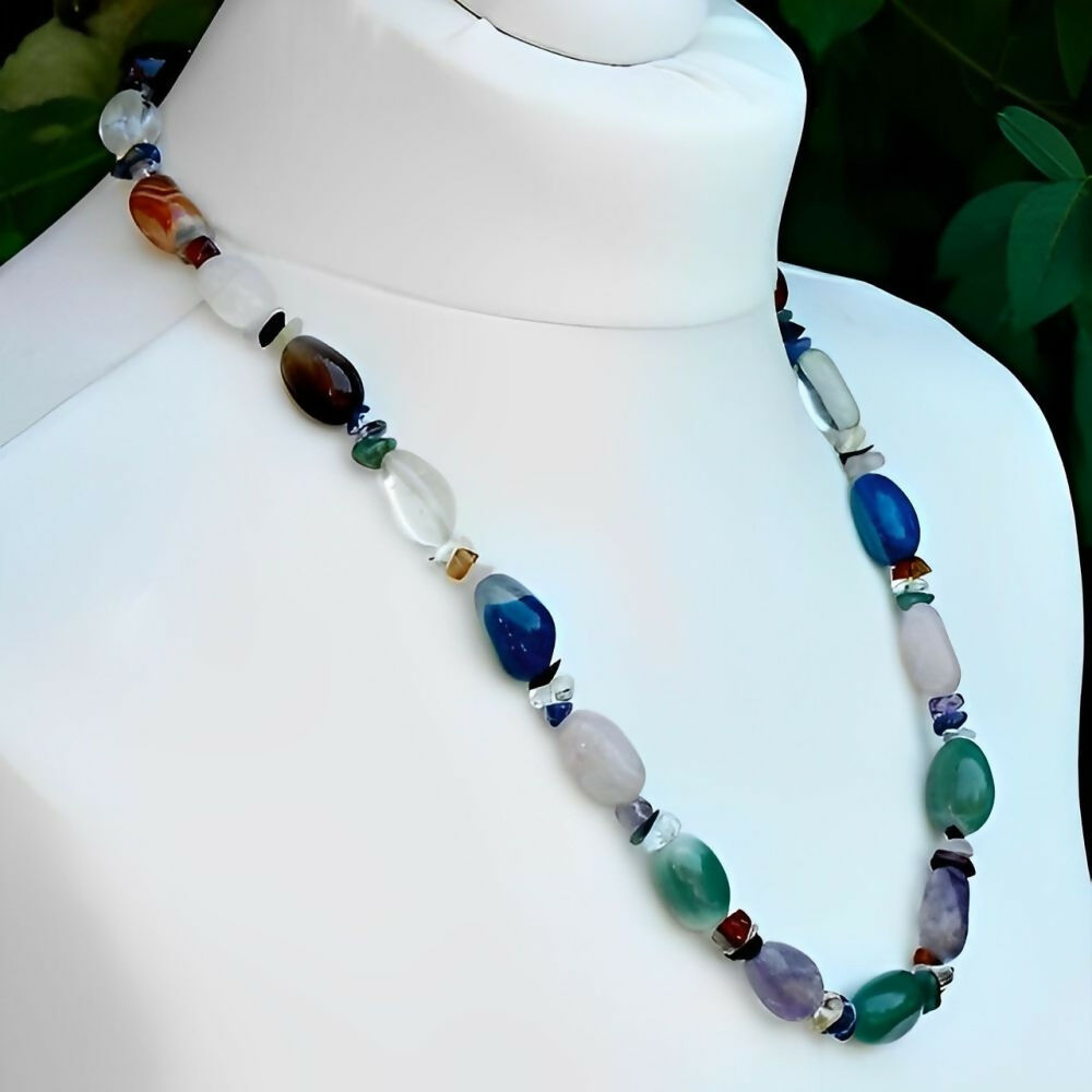 Polished-Gemstone-Necklace-including-Rose-Quartz-Amethyst-and-Agate-Beads-3z