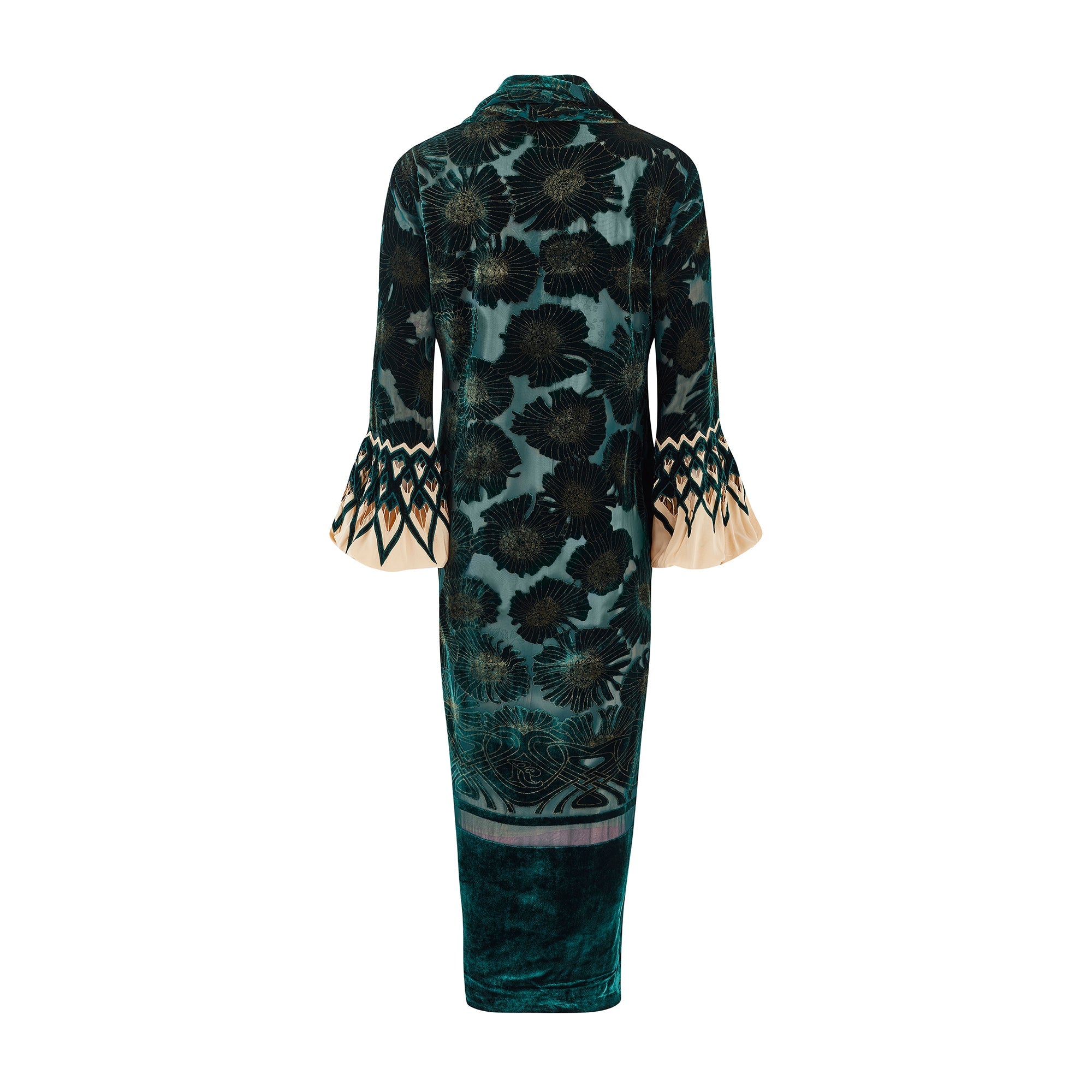 2006 Roberto Cavalli Runway Green Silk Embossed Velvet Coat Dress   Peekaboo Vintage Marketplace