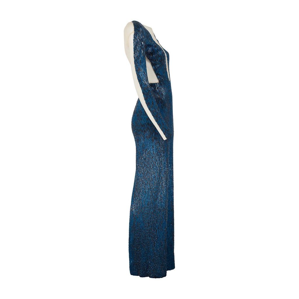 julien macdonald blue dress Julien Macdonald Aqua metallic gown Thousands of crystals, sculpted with a knot detail and a centre-front split that moves with intention. A cowl back that melts into a backless silhouette -