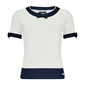 2014 Chanel Navy and White Contrast Ribbed Pullover Top