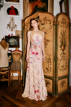 Daria, reworked bias cut cream piano shawl embroidered fringed dress