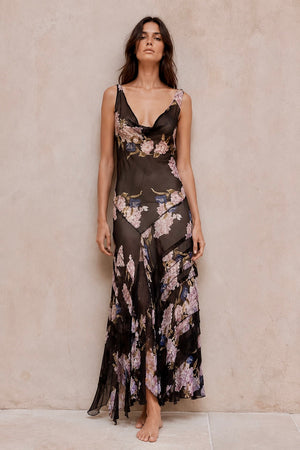 Taylor, 90s beaded bias cut floral print asymmetric dress