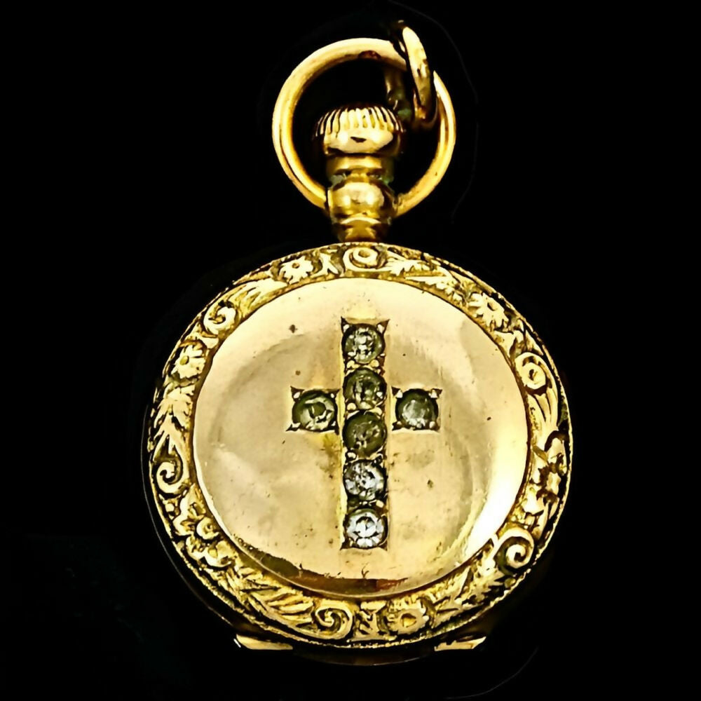 Antique-Victorian-Gold-Plated-and-Clear-Paste-Stone-Cross-Locket-6z