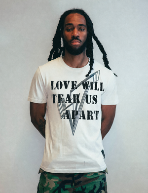 'Love Will Tear Us Apart' Lined Logo T-Shirt in Ecru