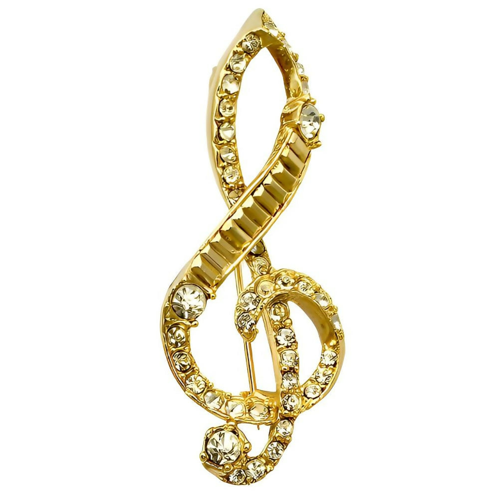 Gold Plated Treble Clef Brooch with Clear Round Crystals-1z