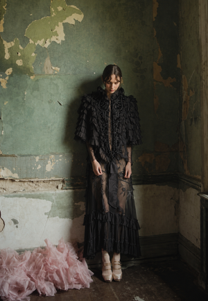 Elma, Victorian black silk ruffled cape with velour jet beaded collar