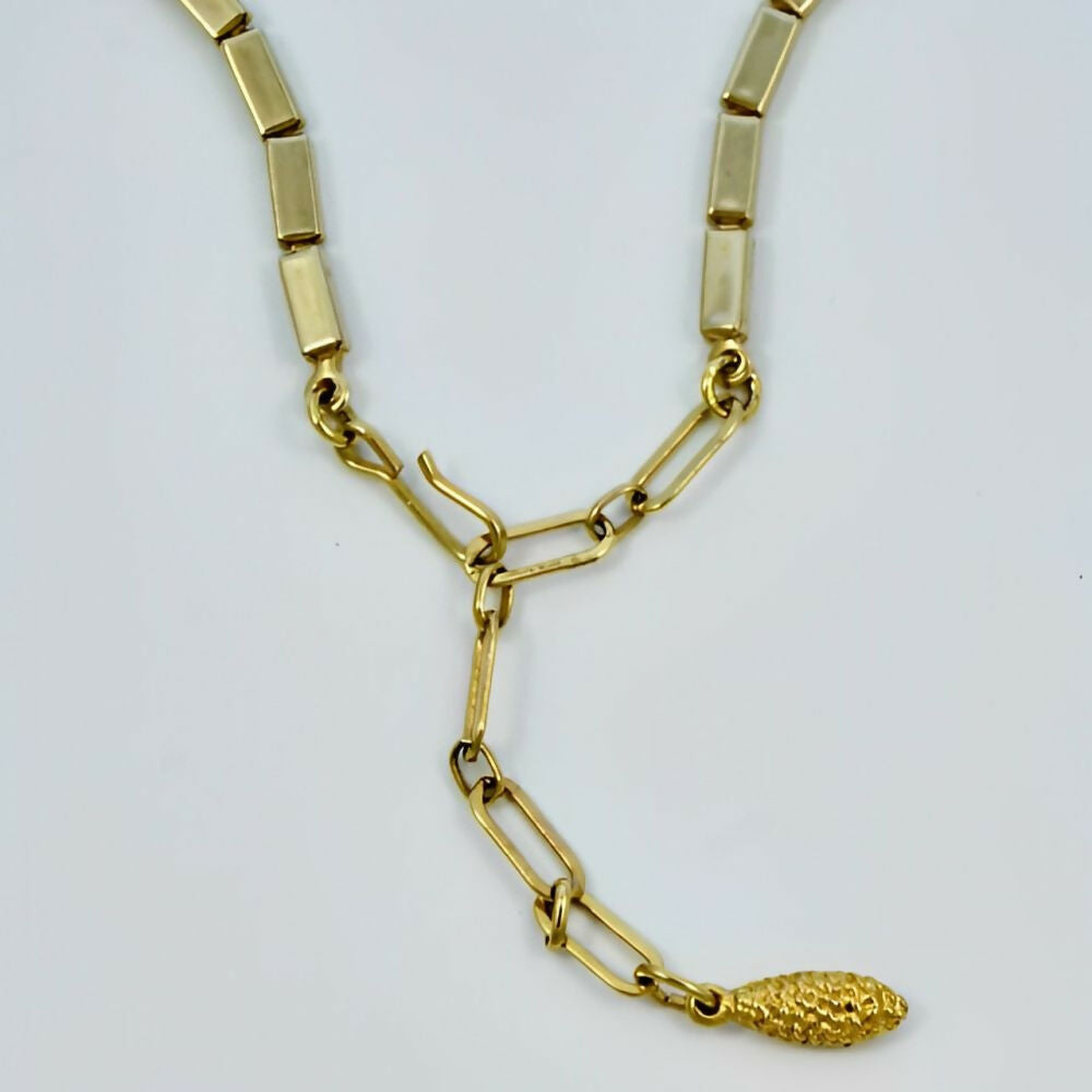 Gold-Tone-Rectangular-Link-Necklace-with-Tourquoise-Bead-Drop -5z