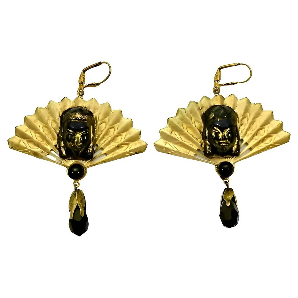 gilt-metal-ornate-black-glass-face-fan-leverback-earrings-with-black-glass-drop-1z