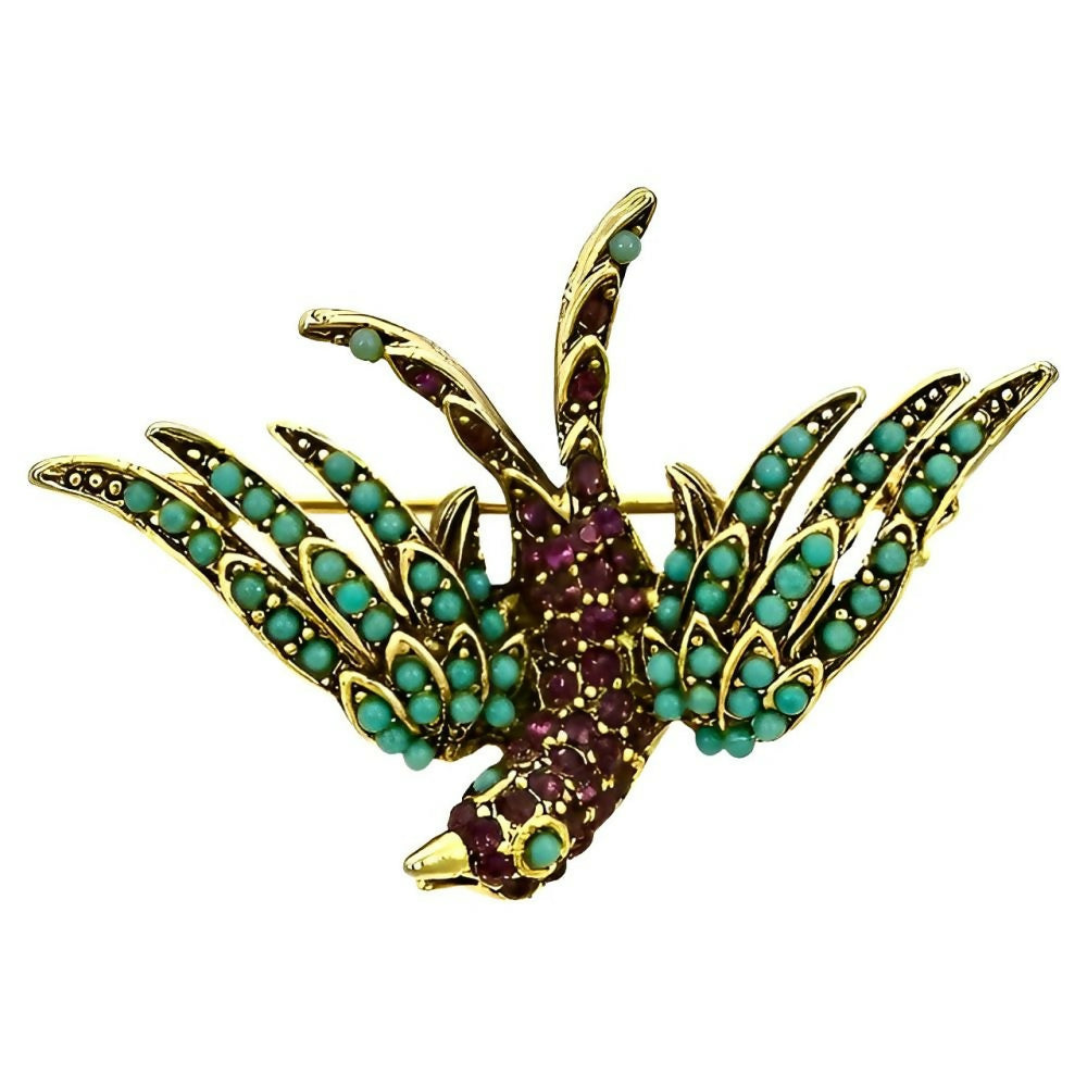 pauline-rader-gold-plated-amethyst-rhinestone-and-turquoise-glass-bird-brooch-1z