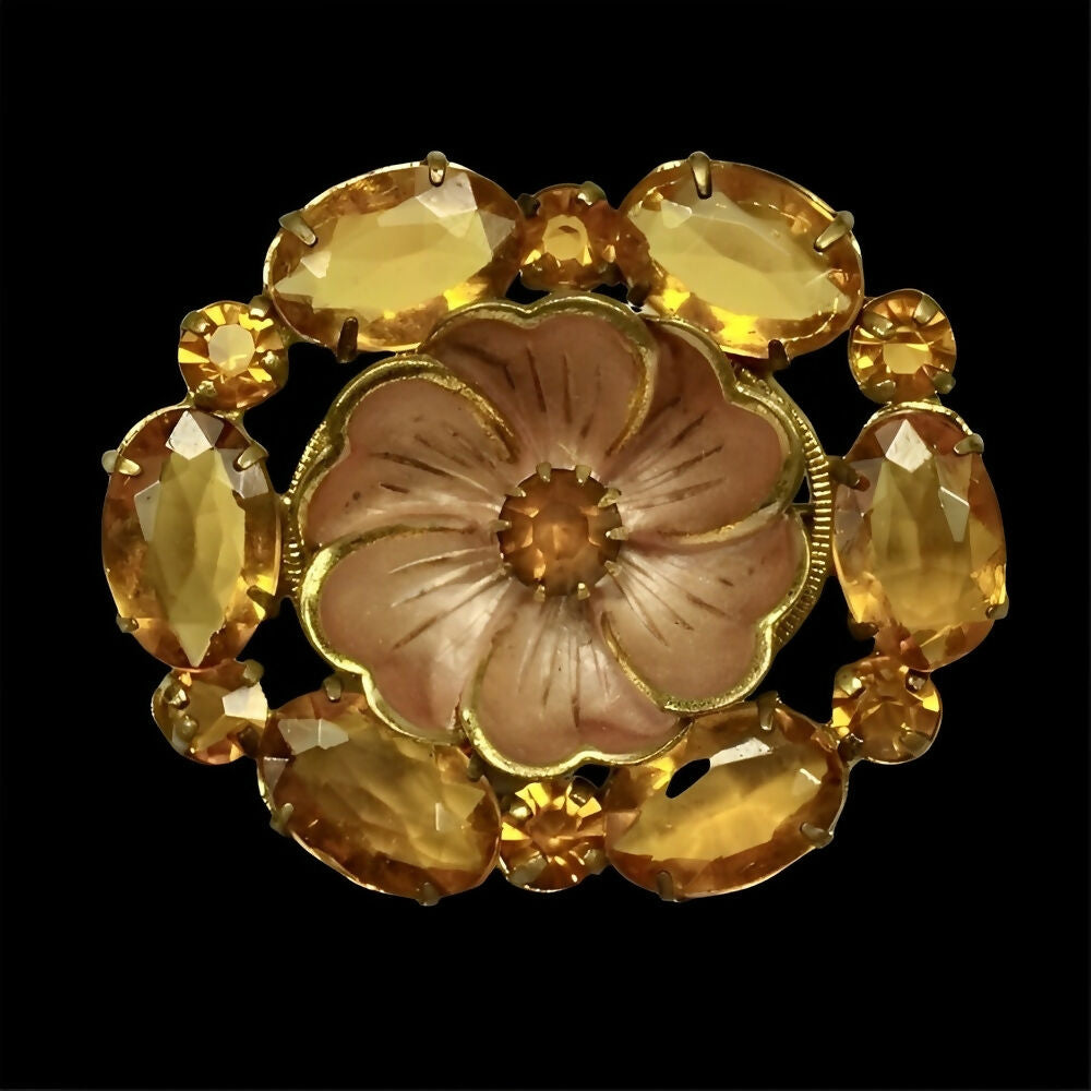 antique-gold-plated-brooch-with-amber-glass-stones-and-peachy-pink-enamel-flower-5p