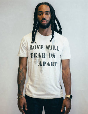 'Love Will Tear Us Apart' Silver Logo T-Shirt in Ecru