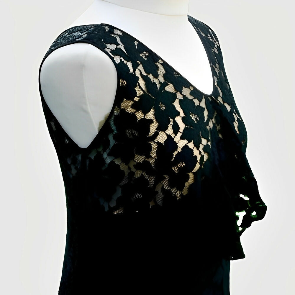 black-sleeveless-lace-dress-in-a-flower-design-with-front-ruffle-circa-1930s-4p