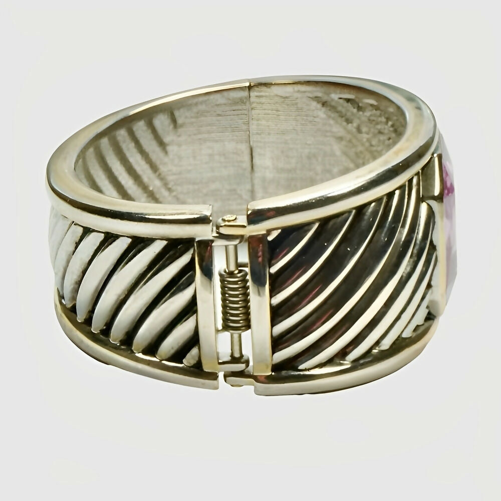 gold-and-silver-plated-ridged-bangle-bracelet-with-pale-amethyst-resin-stone-5p