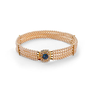 1970s 4-Row Pearl Choker Necklace with Crystal and Blue Gemstone Clasp