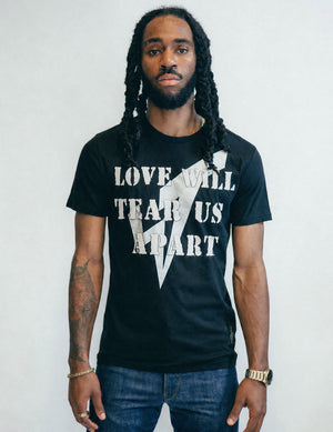 'Love Will Tear Us Apart' Silver Logo T-Shirt in Black