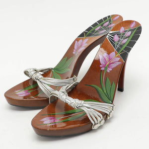 2000s Galliano for Dior Hand Painted Wood and Silver Leather Shoes