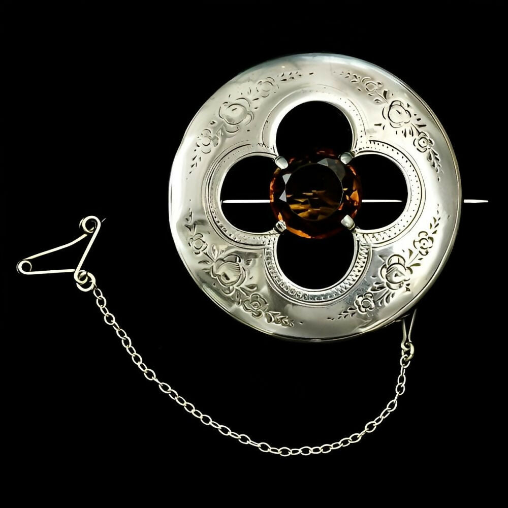 Antique-Victorian-Quatrefoil-Floral-Engraved-Silver-and-Faux-Citrine-Brooch-6z