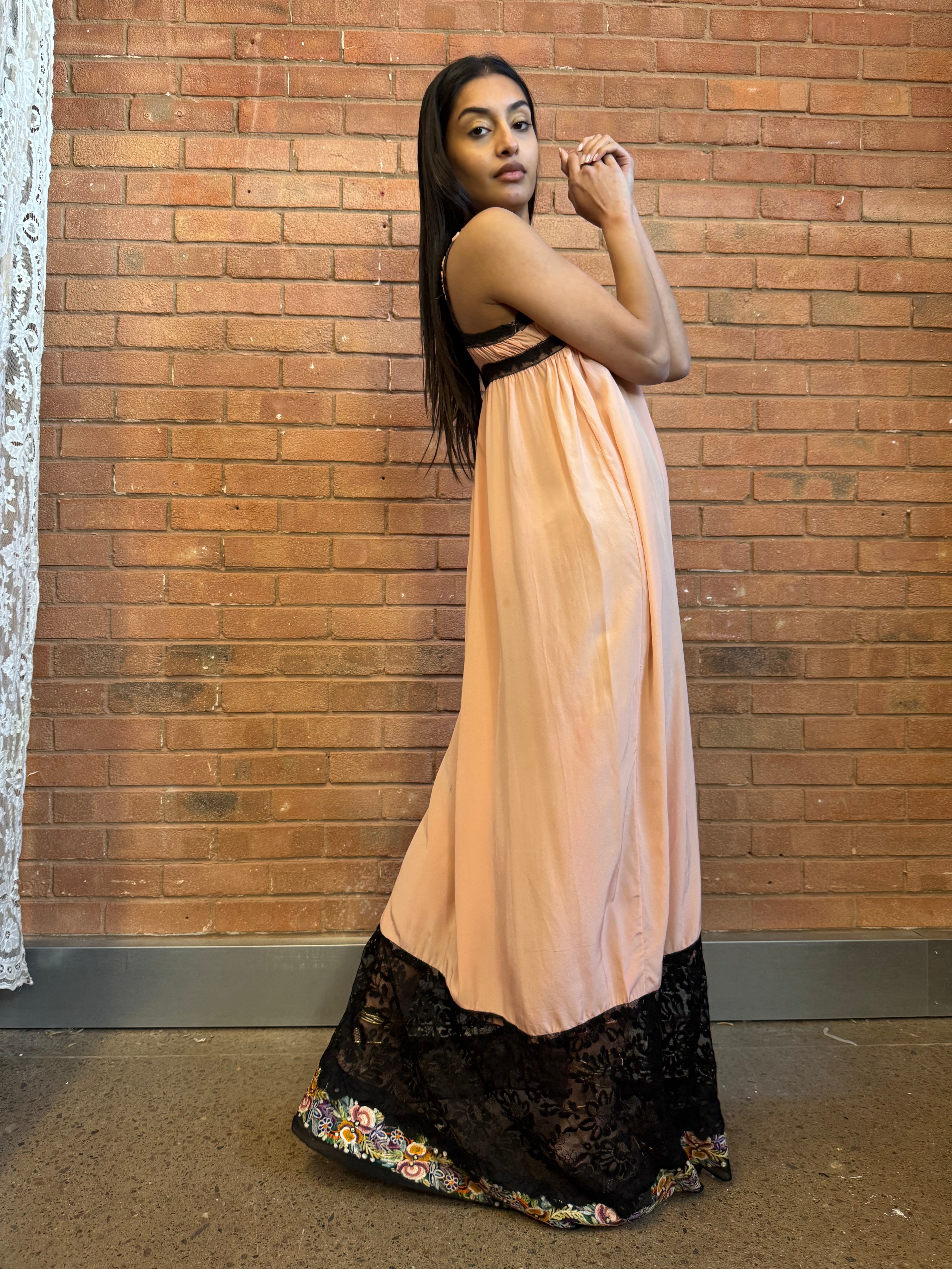 peach and black lace dress Vintage 1950s Black Lace Ruffled Party Dress - Peach Acetate Illusion