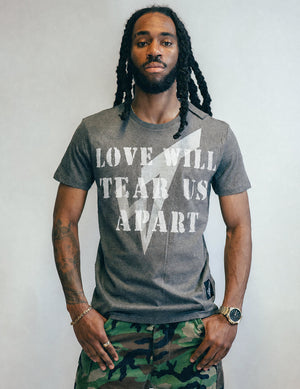 'Love Will Tear Us Apart' Silver Logo T-Shirt in Grey