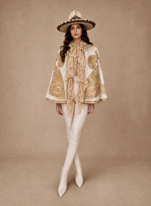 Shay, Ottoman cream and gold embroidered cape with cream lace ruffle collar
