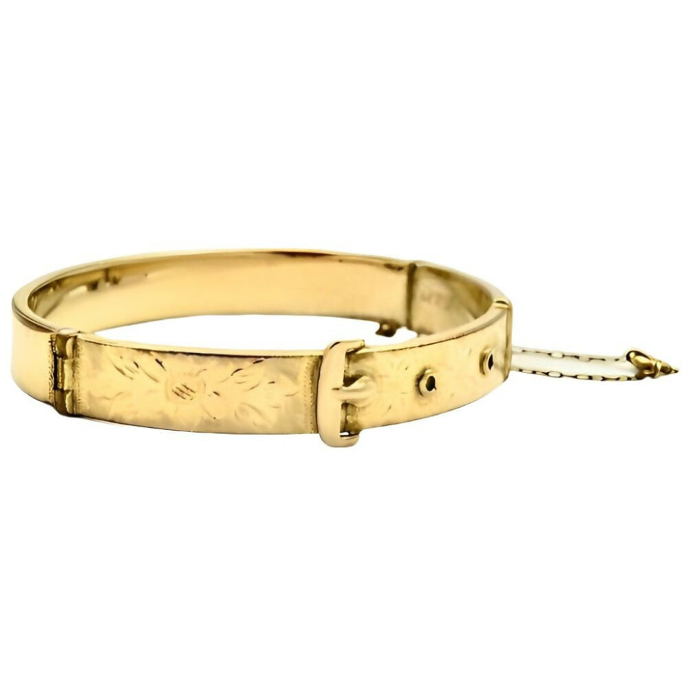 15th-9ct-yellow-rolled-gold-floral-engraved-buckle-bangle-bracelet-stamped-js-3zs