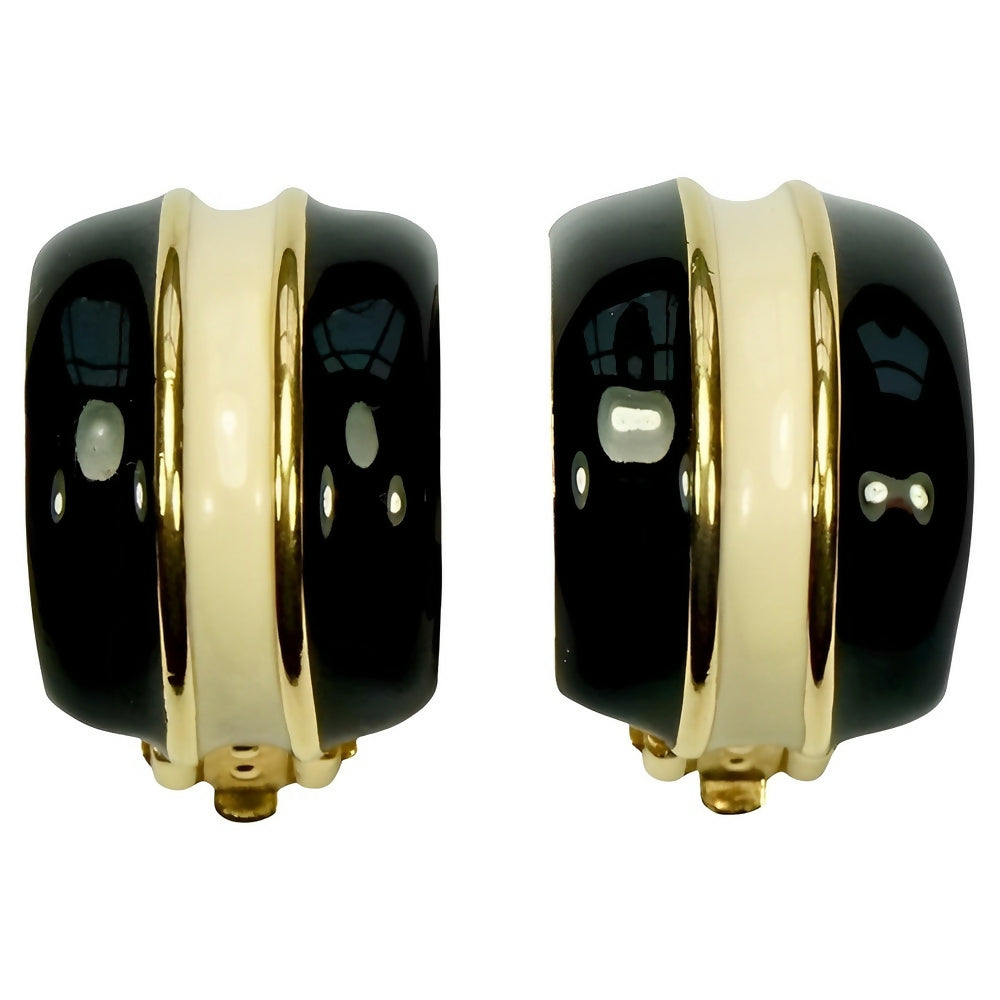 st-john-gold-plated-black-and-cream-enamel-half-hoop-clip-on-earrings-1p