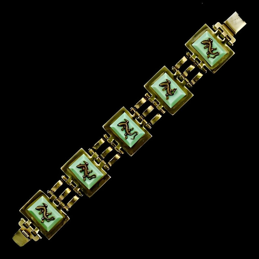 Jean-Painleve-French-Art-Deco-Gold-Plated-Green-Bakelite-Salamander-Bracelet-6z