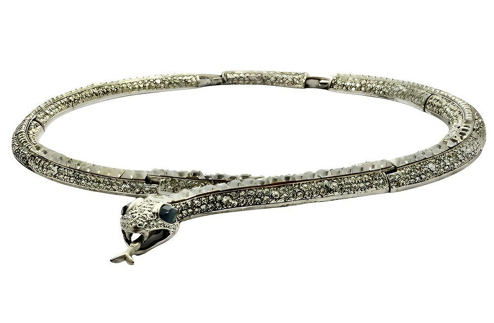 silver-tone-black-enamel-and-rhinestones-snake-link-collar-necklace-5p