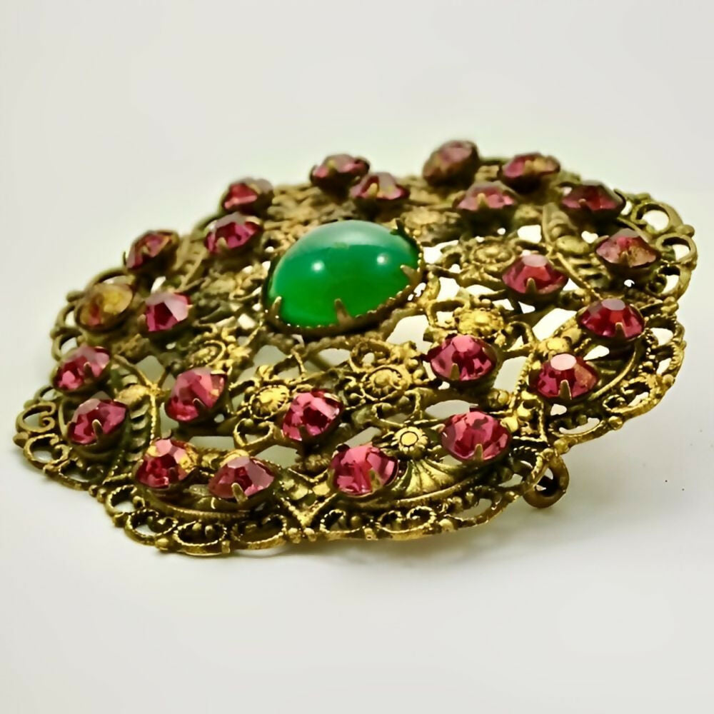 czech-ornate-round-brooch-with-green-and-pink-round-crystals-3z