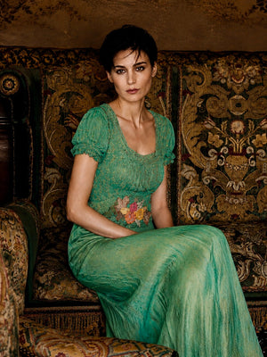 Bora, 1930s emerald green hand dyed silk bias cut dress with lace inserts and Victorian ribbon work florals