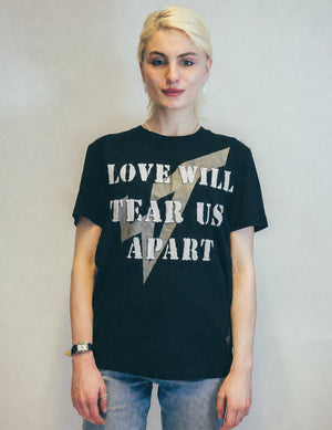 'Love Will Tear Us Apart' Silver Logo T-Shirt in Black