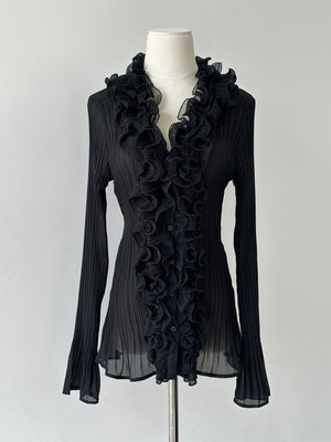 Vintage 1990s Pleated Sheer Ruffle Shirt - M